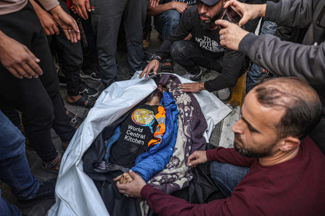 Relatives and friends carry the body of World Central Kitchen worker Saif Abu Taha during his funeral in Rafah in the southern Gaza Strip on April 2, 2024.