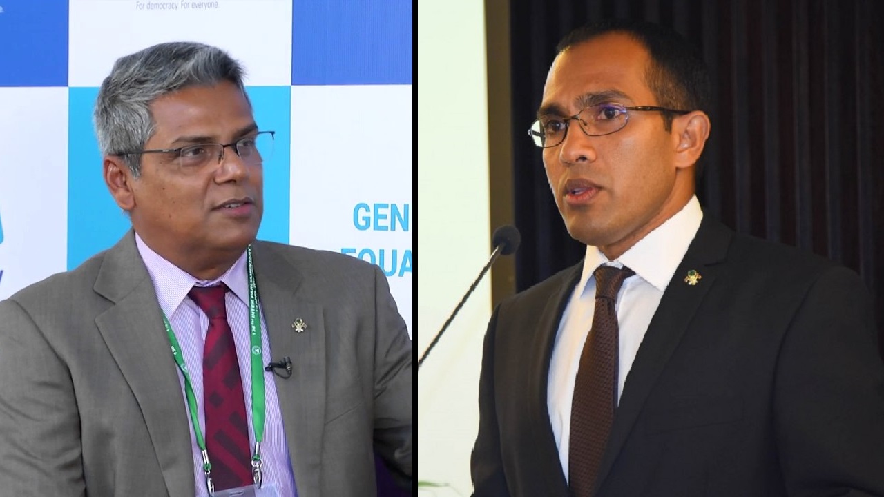 ކުރީގެ ޓެލެކޮމިއުނިކޭޝަން މިނިސްޓަރ މުޙައްމަދު މަލީޙް ޖަމާލް (ކ) އާއި މަޖިލީހުގެ ކުރީގެ ނާއިބު ރައީސް ރީކޯ މޫސާ މަނިކު (ވ)