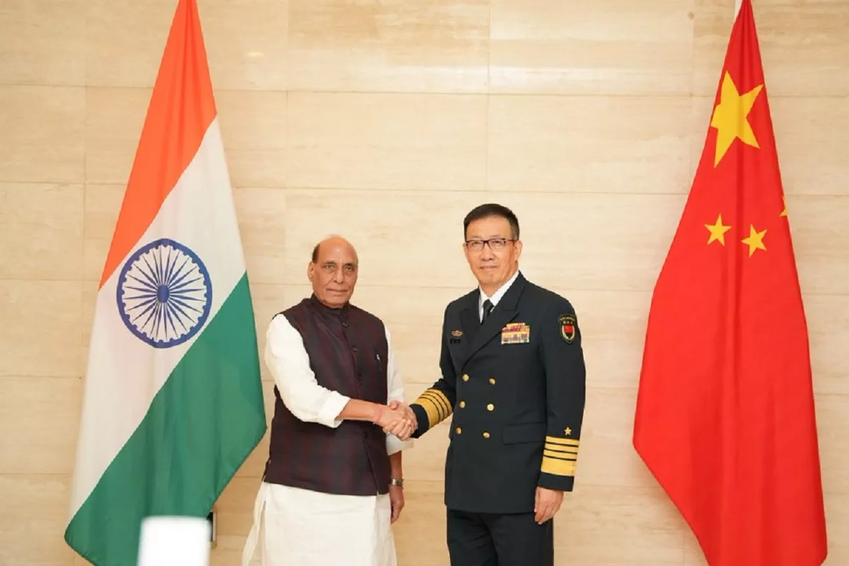India’s Defence Minister Rajnath Singh with his Chinese counterpart, Dong Jun.