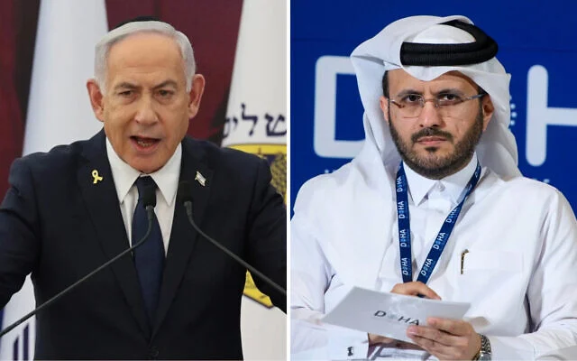 Prime Minister Benjamin Netanyahu (L), Qatari Foreign Ministry spokesperson Majed al-Ansari (R)