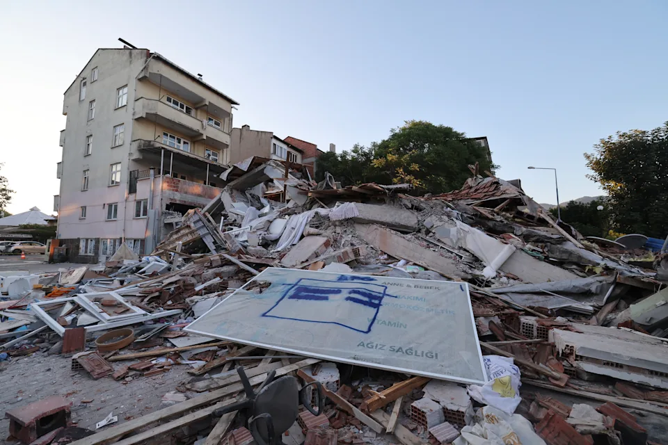Rubble is splattered after a building collapsed during an earthquake in Sindirgi, northwest Turkey, Monday, Aug. 11, 2025. (Photo via AP)