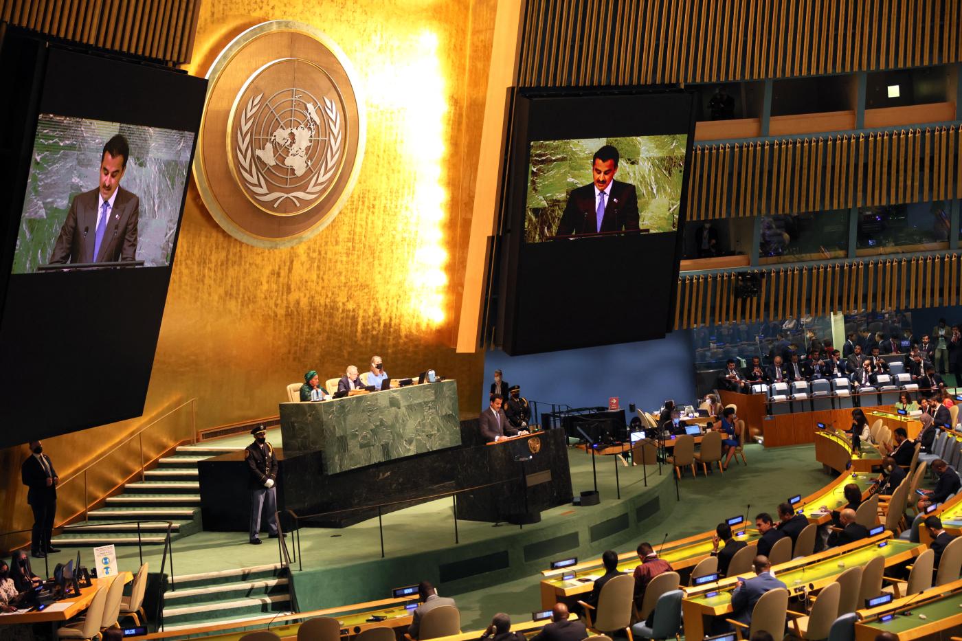 Emir of Qatar Sheikh Tamim bin Hamad Al-Thani speaking at the 77th session of the UNGA.