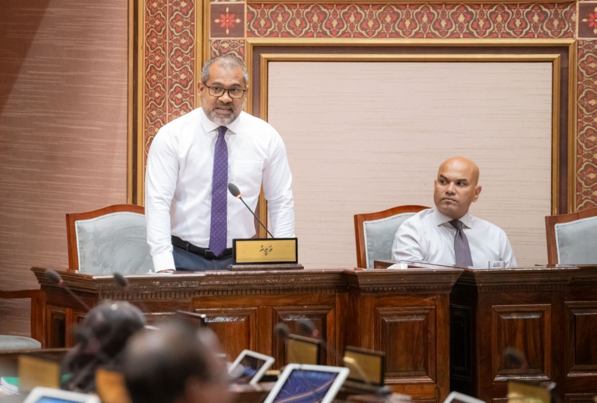 Minister of Foreign Affairs Dr. Abdulla Khaleel speaking in response to a question from a member of Parliament today.--Photo: Majilis