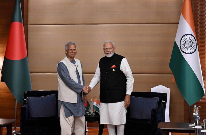 India’s Prime Minister Narendra Modi, with de facto Bangladeshi leader Muhammad Yunus during their bilateral meeting in Bangkok, Thailand on April 4, 2025. (AFP)