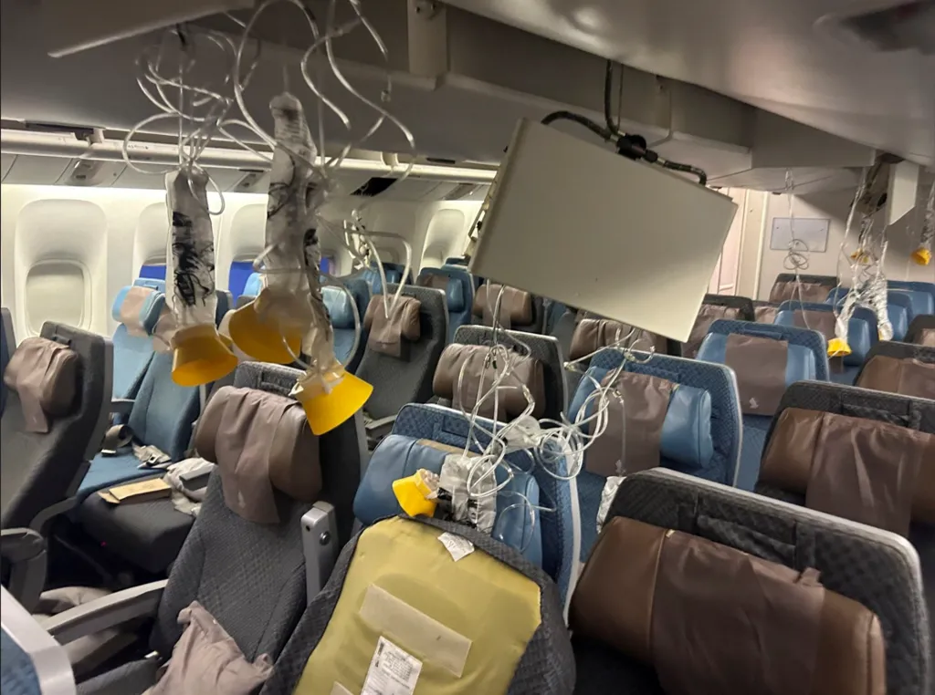 The interior of Flight SQ321 after an emergency landing at Bangkok's Suvarnabhumi Airport on May 21. PHOTO: REUTERS