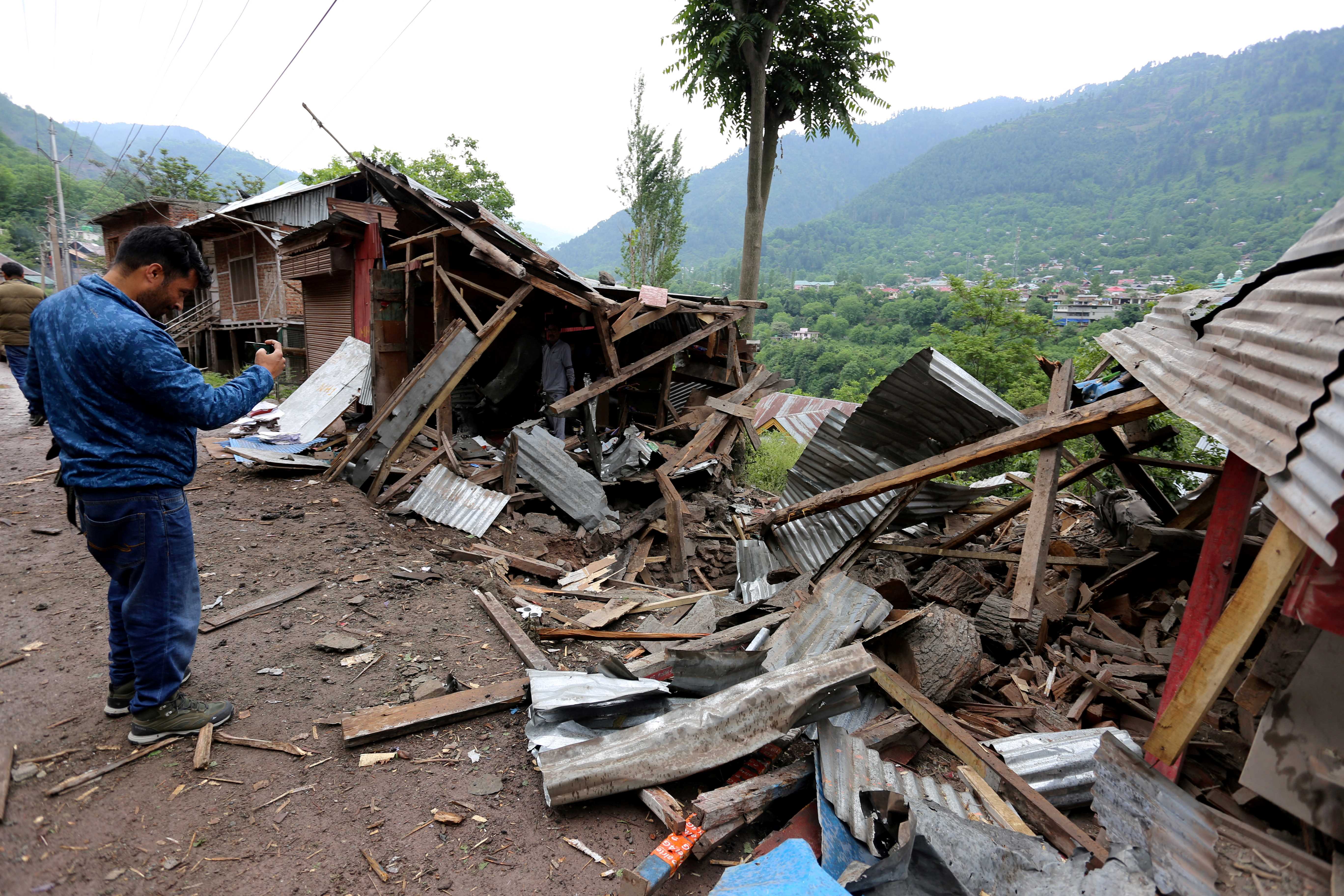 Debris of shops damaged by cross-border shelling in Indian Kashmir's Baramulla district, May 9, 2025. REUTERS/Stringer