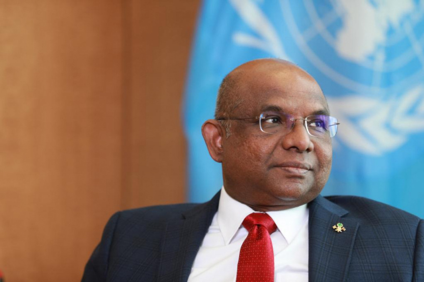 President of the 76th Session of the UNGA, and the Minister of Foreign Affairs of the Maldives, Abdullah Shahid. (Photo:Xinhua)
