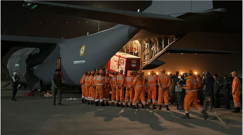 In this image posted by @DrSJaishankar via X on March 29, 2025, NDRF personnel with humanitarian aid, sent by India for the people of earthquake-hit Myanmar, after their arrival.(Photo | PTI)