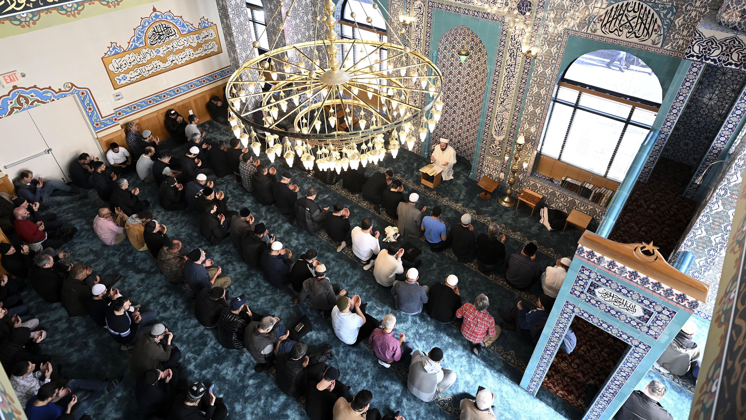 People gather during a Friday prayer at a Turkish mosque in Brooklyn, New York City.